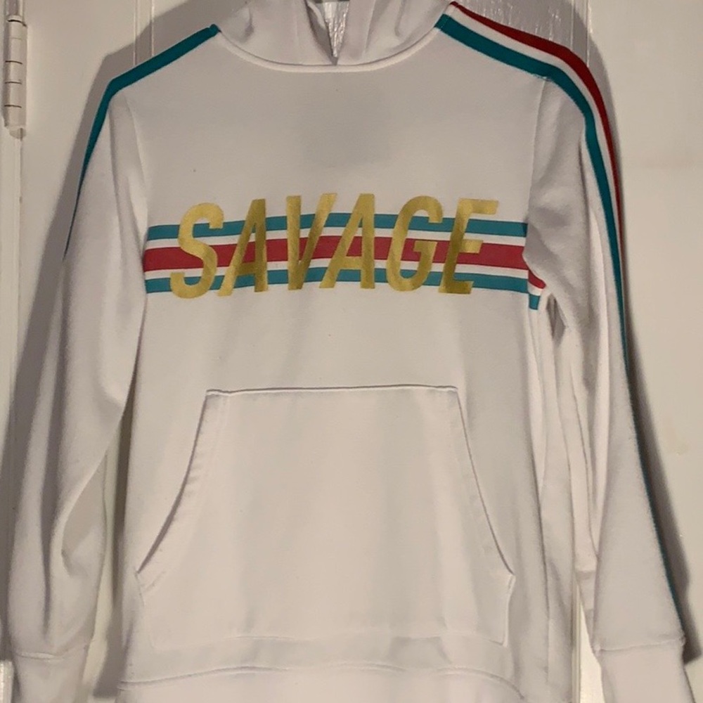 White SAVAGE hoodie. With red and aqua stripes.